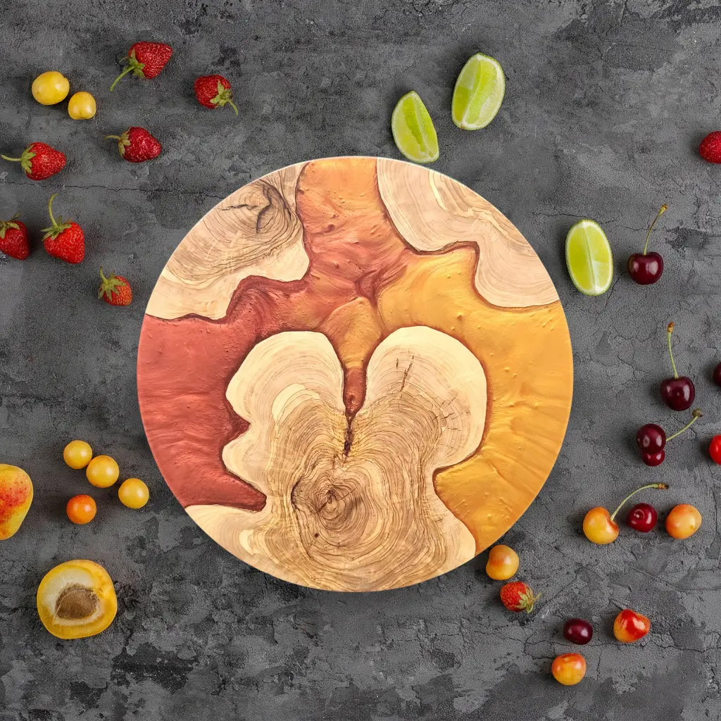 Ember Flow – Handmade Olive Wood & Epoxy Resin Round Serving Board KitchenResinArt